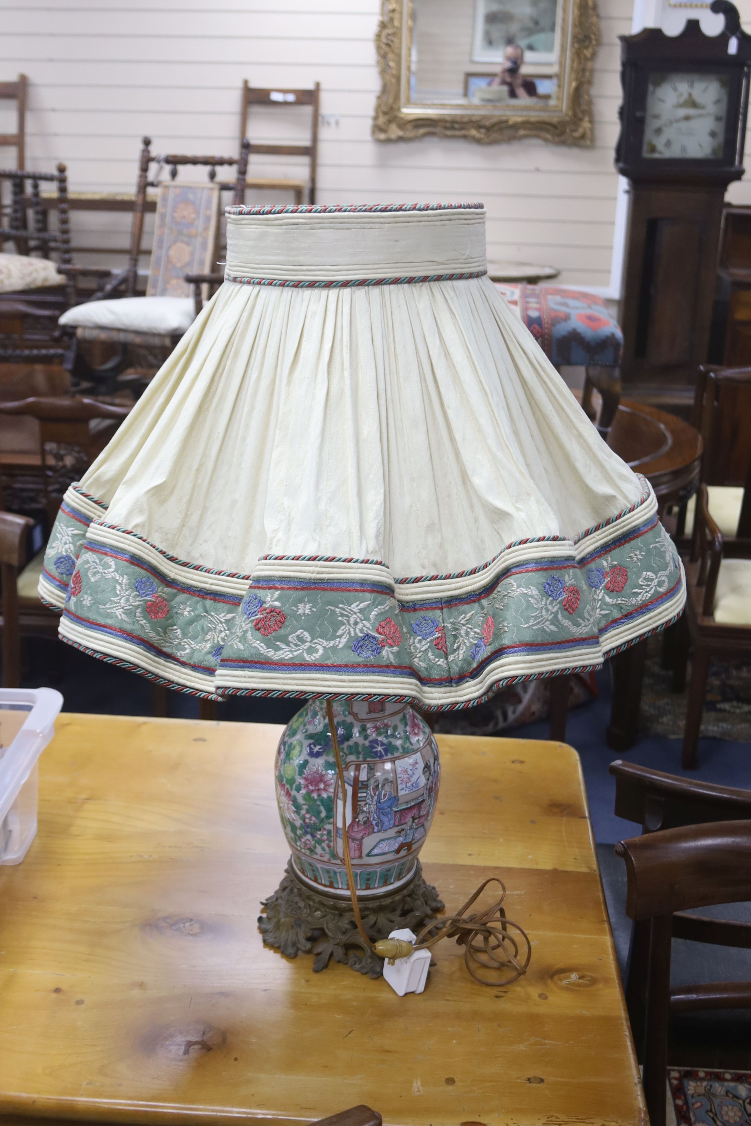 A late 19th century Cantonese famille rose baluster vase (lacking one handle), ormolu mounted and fitted as a table lamp, height 40cm e